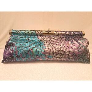 ZIGI SOHO Peacock Print Clutch Purse Handbag Vibrant Purple & Teal Rare Unique